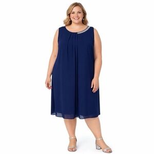 NWT Size 22W SLNY Maxi Dress Navy Blue Chiffon Rhinestones MOB Wedding Cruise